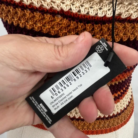 PRETTYLITTLETHING Striped Crochet Halter Neck Crop Top Multi XS - Picture 7 of 8